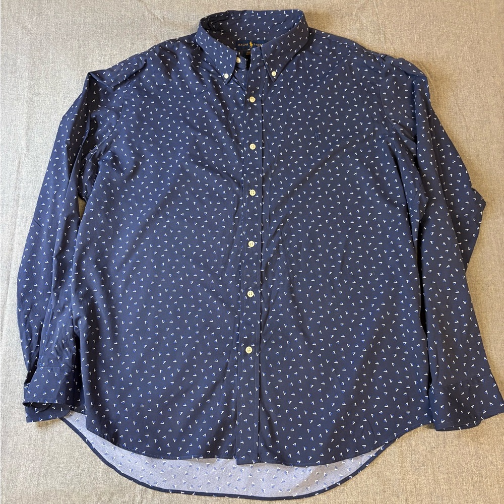 Ralph Lauren Navy Button-Down Shirt with White Micro Print